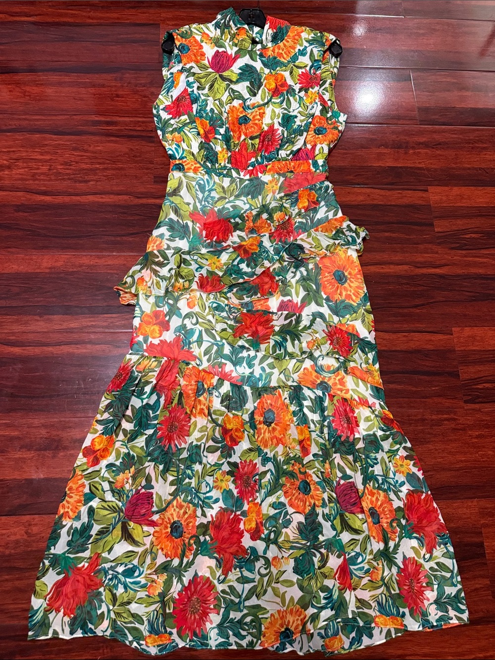 SALONI Fleur Floral Silk Tiered Ruffle Midi Dress Mandevilla Foliage 6